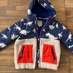 Boden Blue Jacket with Dinosaur Print and Red Details